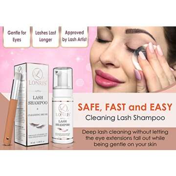 2 in 1 Eyelash Extension Shampoo & Mascara Remover/LONRIS Eyelid Foaming Cleanser/Extensions and Natural Lashes Safe Foam/False Eyelashes Makeup Wash/Paraben & Sulfate Free/Personal and Salon Use 50ml