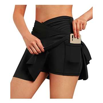 G4Free Black Tennis Skirts for Women Cross Waist Athletic Golf Skorts Skirts with Shorts Pocket for Running Workout (Black,M)