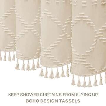Siiluminisoy Boho Farmhouse Shower Curtain Woven Fabric Cream/Beige Shower Curtain, 72 x 72 Tufted Chevron Textured Striped Modern Minimalist Cloth Shower Curtain for Bathroom