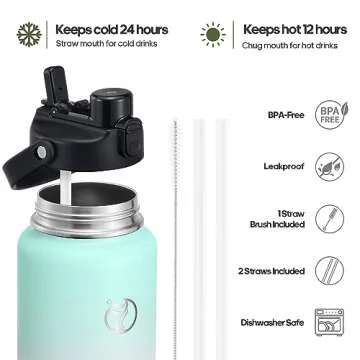 Half Gallon Insulated Water Bottle with 2-in-1 Lid (Chug Lid/Straw Lid), 64oz Double Walled Vacuum Stainless Steel Water Bottles, Water Jug with Straw, Wide Mouth Insulated Thermos