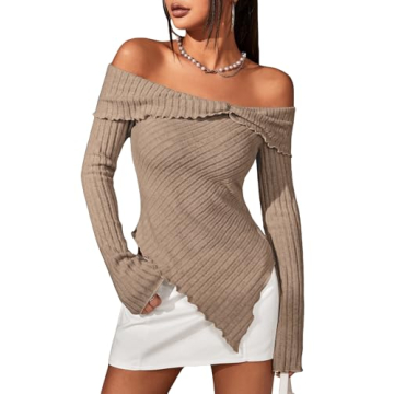MakeMeChic Women's Off Shoulder Lettuce Trim Long Sleeve Asymmetrical Hem Ribbed Tee T-Shirt Tops