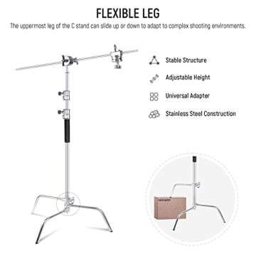 NEEWER C Stand with Boom Arm & Sliding Legs, Pro 100% Stainless Steel Stand Max Height 10.13ft/309cm with 3.9ft/120cm Arm & 2 Grip Heads for Photography Umbrellas, Reflectors, Softboxes and Monolights