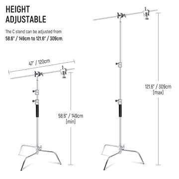 NEEWER C Stand with Boom Arm & Sliding Legs, Pro 100% Stainless Steel Stand Max Height 10.13ft/309cm with 3.9ft/120cm Arm & 2 Grip Heads for Photography Umbrellas, Reflectors, Softboxes and Monolights