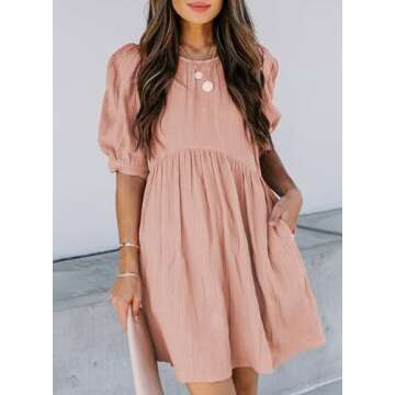 Dokotoo Womens Sundress Juniors Cute Dress Summer Baby Doll Tunic Dress Crewneck Lantern Short Sleeve Loose Casual Work Pocketed Mini Short Skirt Shift Dress Pink Small