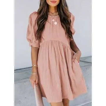 Dokotoo Womens Sundress Juniors Cute Dress Summer Baby Doll Tunic Dress Crewneck Lantern Short Sleeve Loose Casual Work Pocketed Mini Short Skirt Shift Dress Pink Small
