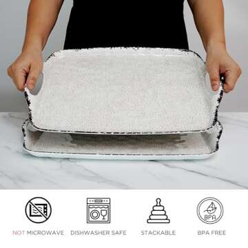 TP Serving Tray with Handles, Large Rectangle Melamine Serving Platter Set of 2, Retro White