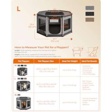 Feandrea Dog Playpen, Oxford Fabric Dog Fence, Octagon Dog Crate, L, 44.1 x 44.1 x 24.4 Inches, PVC Pipe Frame, Breathable Mesh, Double Openings, Dove Gray and Slate Gray UPDC003G01