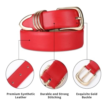 Elegant RISANTRY Women's Red Belt with Gold Buckle for Casual Wear