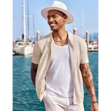 COOFANDY Men's Knit Shirts Short Sleeve Button Up Polo Shirt Fashion Casual Summer Beach Shirts, Apricot, Small