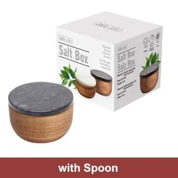 jalz jalz Large Wood Salt Box salt cellar with Spoon Spice Seasonings Keeper Salt Container Solid Natural Acacia Base Black Marble Lid Decorative Box salt keeper Big Capacity Spice Cellar