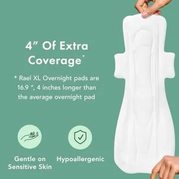 Rael Pads for Women, Organic Cotton Cover - Ultimate Absorbency, Feminine Care, Ultra Thin, Sanitary Napkins with Wings, Unscented (Extra Long Overnight, 12 Count)