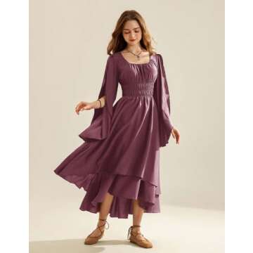 Women Renaissance Costume Split Bell Sleeve Double Layered High Low Dress Dusty Rose S