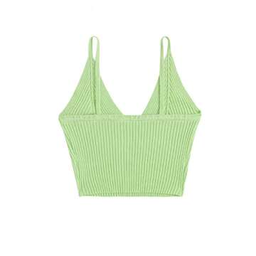 SweatyRocks Women's V Neck Crop Cami Top Ribbed Knit Spaghetti Strap Sleeveless Vest Plain Green M