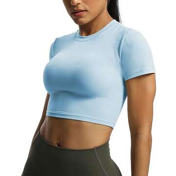 Aoxjox Short Sleeve Crop Tops for Women Classic Longline Baby Tee Workout T Shirt Top (Airy Blue, X-Small)