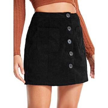 WDIRARA Women's Mid Waist Corduroy A-line Slim fit Button Casual Mini Skirt Black S
