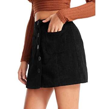 WDIRARA Women's Mid Waist Corduroy A-line Slim fit Button Casual Mini Skirt Black S