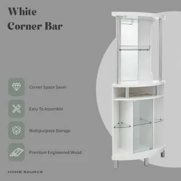 Home Source Wood Bar Corner Cabinet, Wine Rack, Lower Cabinet with Glass Doors, Rustic Liquor Corner Hutch for Kitchen, Living Room and Other Small Space,White