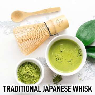 Zulay Traditional Matcha Whisk & Spoon - 100 Prong Matcha Bamboo Whisk For Ceremonial Tea Preparation - Authentic Japanese Bamboo Whisk For Matcha Tea - Matcha Tea Whisk for The Perfect Matcha