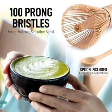 Zulay Traditional Matcha Whisk & Spoon - 100 Prong Matcha Bamboo Whisk For Ceremonial Tea Preparation - Authentic Japanese Bamboo Whisk For Matcha Tea - Matcha Tea Whisk for The Perfect Matcha