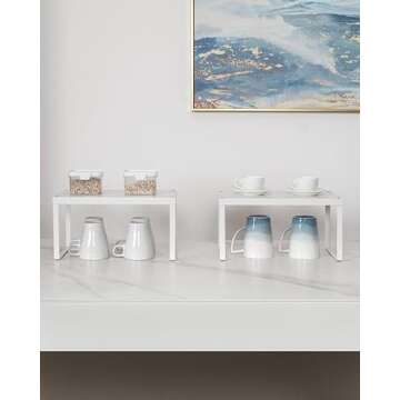 Nxconsu 2Pack Cabinet Shelf Expandable Stackable Organizer Riser for Kitchen Cabinet Pantry Cupboard Under Sink Countertop Organization Accessories Storage Space Saver Multi-Function Metal White