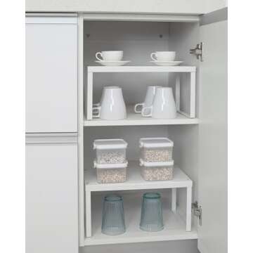 Nxconsu 2Pack Cabinet Shelf Expandable Stackable Organizer Riser for Kitchen Cabinet Pantry Cupboard Under Sink Countertop Organization Accessories Storage Space Saver Multi-Function Metal White