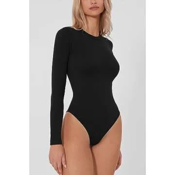 QINSEN Bodysuit Shirts for Women Tummy Control Long Sleeve Slimming Top Black S