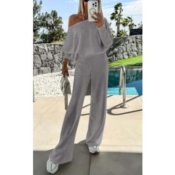 PRETTYGARDEN Womens Fall Fashion 2024 Two Piece Outfits Ribbed Long Sleeve Off Shoulder Tops and Wide Leg Pants with Pockets (Grey, Small)