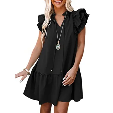 Dokotoo Women's 2024 Spring Summer Drawstring V-Neck Ruffle Sleeveless Tank Dress with Pockets