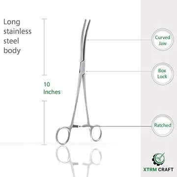 XTRM CRAFT Pean Hemostat Curved 10" Multipurpose Locking Tweezer Clamps Serrated, Stainless Steel, Hemostats for Nurses, Fishing Forceps, Crafts and Hobby