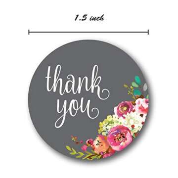Beautiful Grey Floral Thank You Stickers | 1000 Round Labels Roll