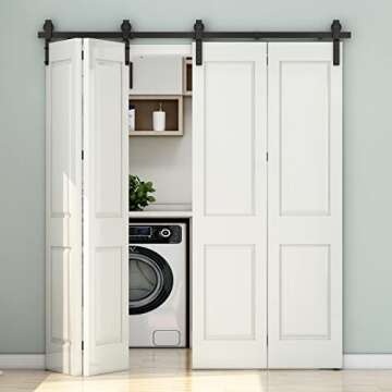 CCJH 5FT/60'' Bi-Folding Barn Door Hardware Sliding Track kit Heavy Duty for 4 Doors(No Wood Door，Hardwware Only)