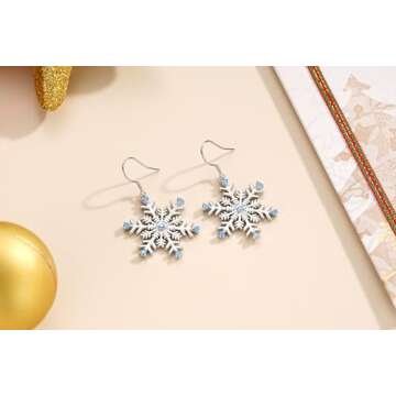 ZRU 925 Sterling Silver Snowflake Earrings for Women Christmas, Silver Snowflake Winter Dangle Drop Earrings Xmas Jewelry Sparkly Blue CZ Dangle Christmas Earrings Gifts
