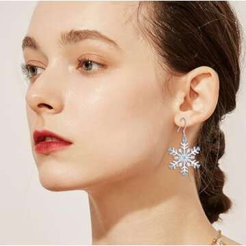 ZRU 925 Sterling Silver Snowflake Earrings for Women Christmas, Silver Snowflake Winter Dangle Drop Earrings Xmas Jewelry Sparkly Blue CZ Dangle Christmas Earrings Gifts