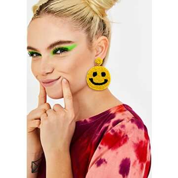 HZEYN Beaded Earrings Statement Beaded Drop Earrings Cute Happy Face Dangle Fun Earrings Summer Jewe...