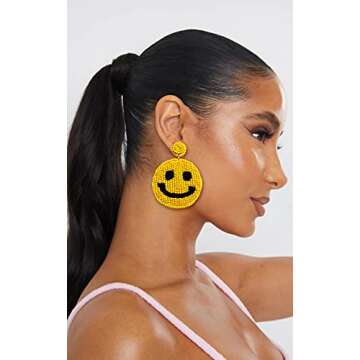HZEYN Beaded Earrings Statement Beaded Drop Earrings Cute Happy Face Dangle Fun Earrings Summer Jewelry Gift Yellow