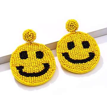 HZEYN Beaded Earrings Statement Beaded Drop Earrings Cute Happy Face Dangle Fun Earrings Summer Jewelry Gift Yellow