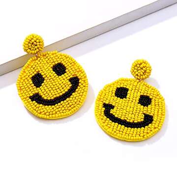 HZEYN Beaded Earrings Statement Beaded Drop Earrings Cute Happy Face Dangle Fun Earrings Summer Jewelry Gift Yellow