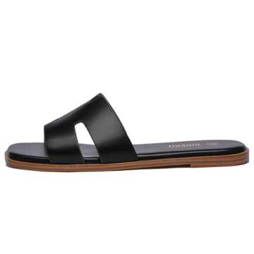 Rihero Black Flat Sandals for Women Dressy Summer Slip On Peep Toe Slide Black Sandals Size 9