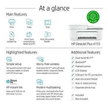 HP DeskJet Plus 4155 Wireless All-in-One Printer - Compact Inkjet Printer with Mobile Printing, Scanner, Copier, Bluetooth, Home Office & WiFi Compatible - 3XV13A (Renewed)
