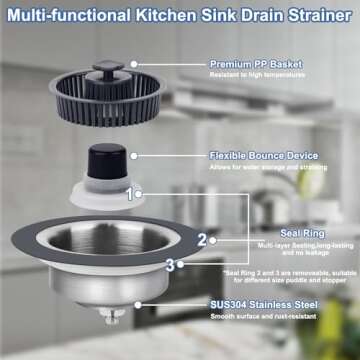 Semour Upgraded 3 in 1 Kitchen Sink Drain Strainer Stopper 304 Stainless Steel Pop Up Kitchen Sink Stopper Anti-Clogging Kitchen Sink Strainer Basket Filter for US Standard 3-1/2 Inch Drain