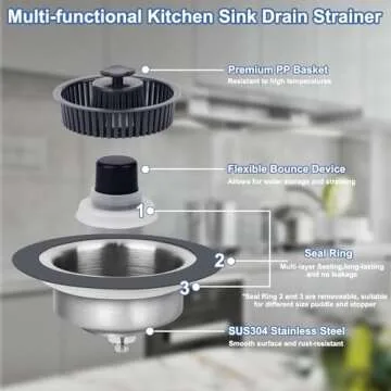 Semour Upgraded 3 in 1 Kitchen Sink Drain Strainer Stopper 304 Stainless Steel Pop Up Kitchen Sink Stopper Anti-Clogging Kitchen Sink Strainer Basket Filter for US Standard 3-1/2 Inch Drain