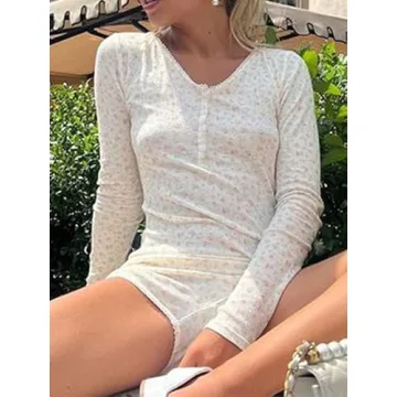 Y2k Waffle Long Sleeve Floral Romper - Trendy Pajama Bodysuit