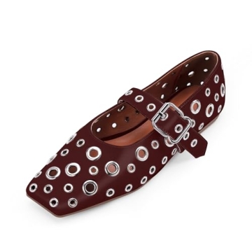 Stylish Odetina Women's Ballet Flats with Metal Eyelet & Buckle - Claret