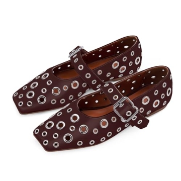 Odetina Women's Ballet Flats Metal Eyelet Buckle Perforated Studded