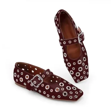 Odetina Women's Ballet Flats Metal Eyelet Buckle Perforated Studded