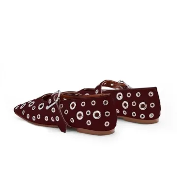 Odetina Women's Ballet Flats Metal Eyelet Buckle Perforated Studded