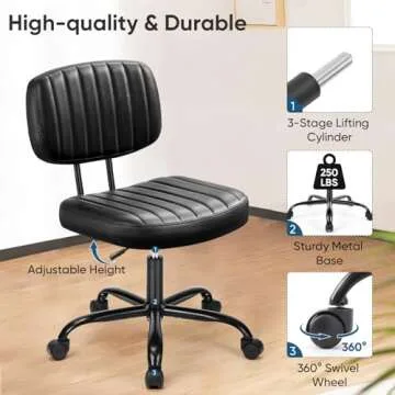 DUMOS Armless Home Office Desk Chair -Small Ergonomic with Low Back Lumbar Support, Height Adjustable PU Leather Computer Task with 360° Swivel Rolling Wheels, for Small Space, Black