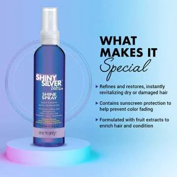 One 'n Only Shiny Silver Ultra Shine Spray, Restores Shiny Brightness to White, Grey, Bleached, Frosted, or Blonde-Tinted Hair, Instantly Revitalizes Dry Hair, Prevents Color Fading, 4 Fl. Oz