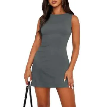 WIHOLL Womens Sleeveless Round Boat Neck Mini Little Short Dress Slim Fit Cute Club Party Bodycon Summer Dresses 2025 Strapless Dress Semi Formal Cocktail Cruise Outfits Deep Grey M