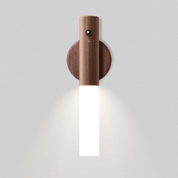 LANDGOO Wooden Motion Sensor Night Lights Magnet Body Sensor Hallway Night Lights Rechargeable Led Light Portable Stairway Night Lights Wall Sconce Battery Powered Cabinet Lights (Walnut Wood 1PC)
